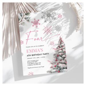 4th Birthday Invitation, Pink Winter 4th Birthday Invitation