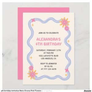 4th birthday invitation Retro Groovy Pink Flowers