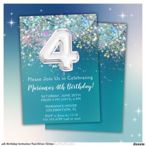 4th Birthday Invitation Teal Silver Glitter