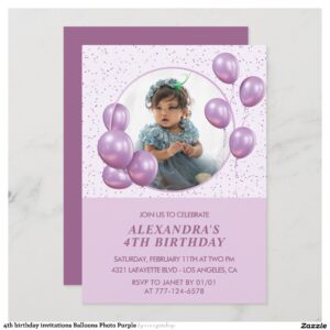 4th birthday invitations Balloons Photo Purple