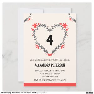 4th birthday invitations for her floral heart