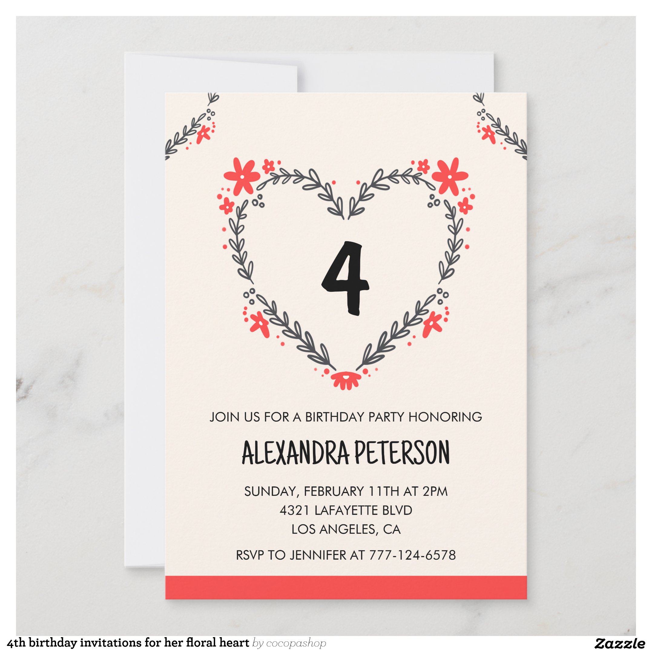 4th birthday invitations for her floral heart