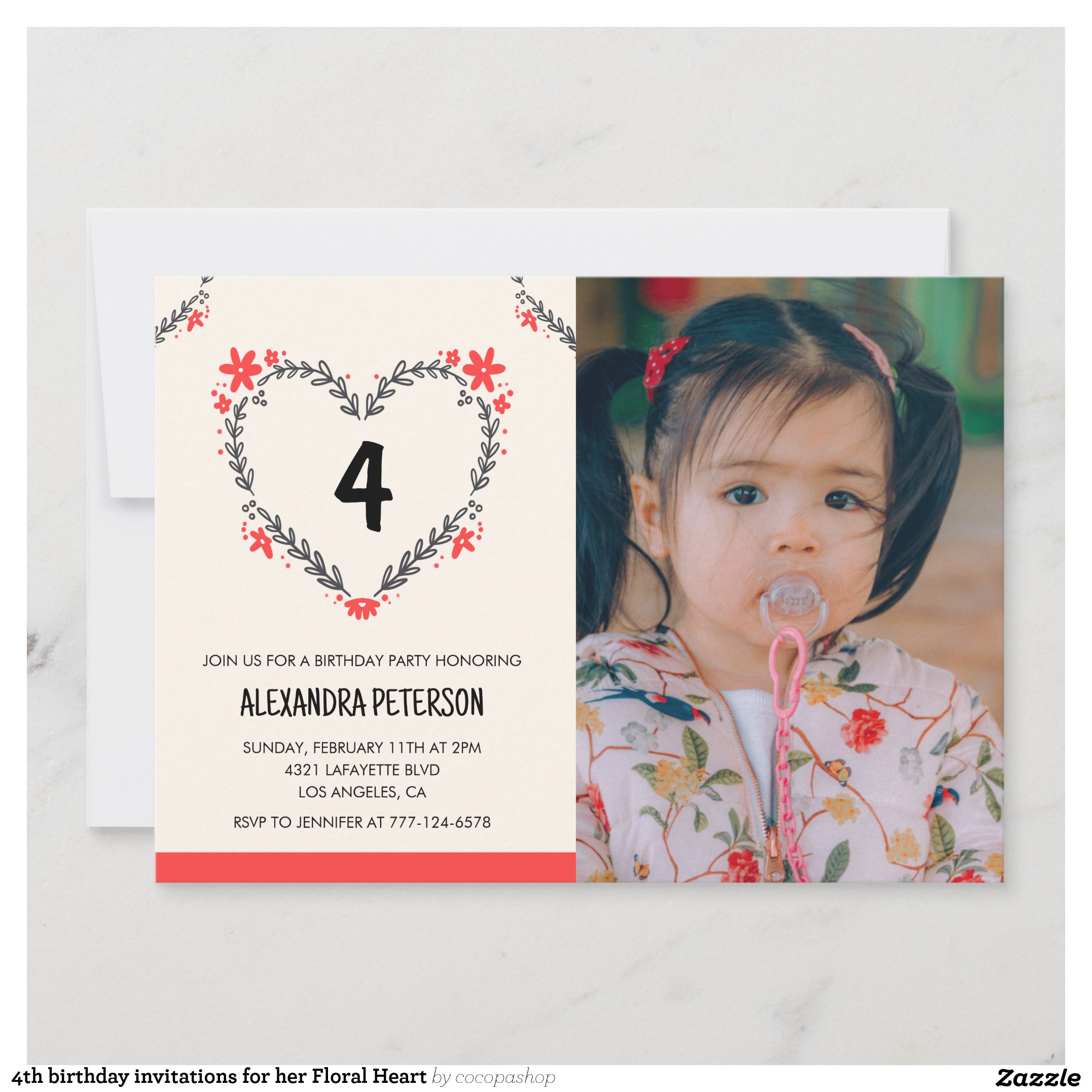 4th birthday invitations for her Floral Heart