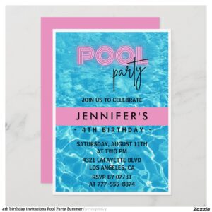 4th birthday invitations Pool Party Summer