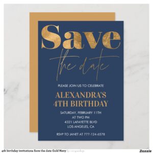 4th birthday invitations Save the date Gold Navy