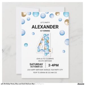 4th Birthday Party, Blue and Gold Balloon Boy Invitation