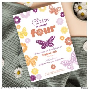 4th Birthday Party Retro Butterfly Birthday Invitation