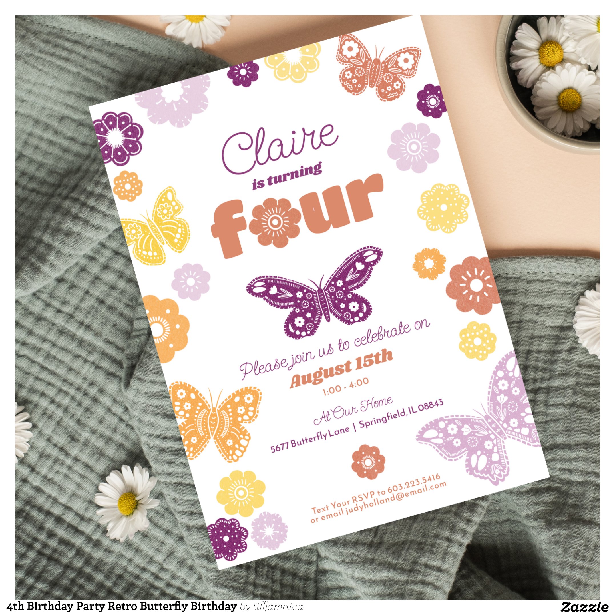 4th Birthday Party Retro Butterfly Birthday Invitation