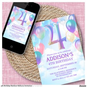 4th Birthday Rainbow Balloons Invitation