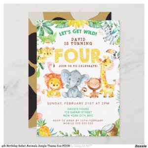 4th Birthday Safari Animals Jungle Theme Zoo FOUR Invitation