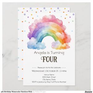 4th Birthday Watercolor Rainbow Kids Invitation