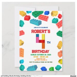 4th Building Blocks Birthday, Building Bricks Invitation