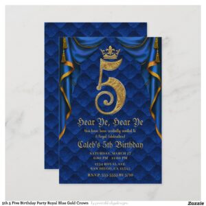 5th 5 Five Birthday Party Royal Blue Gold Crown Invitation