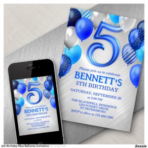 5th Birthday Blue Balloons Invitation