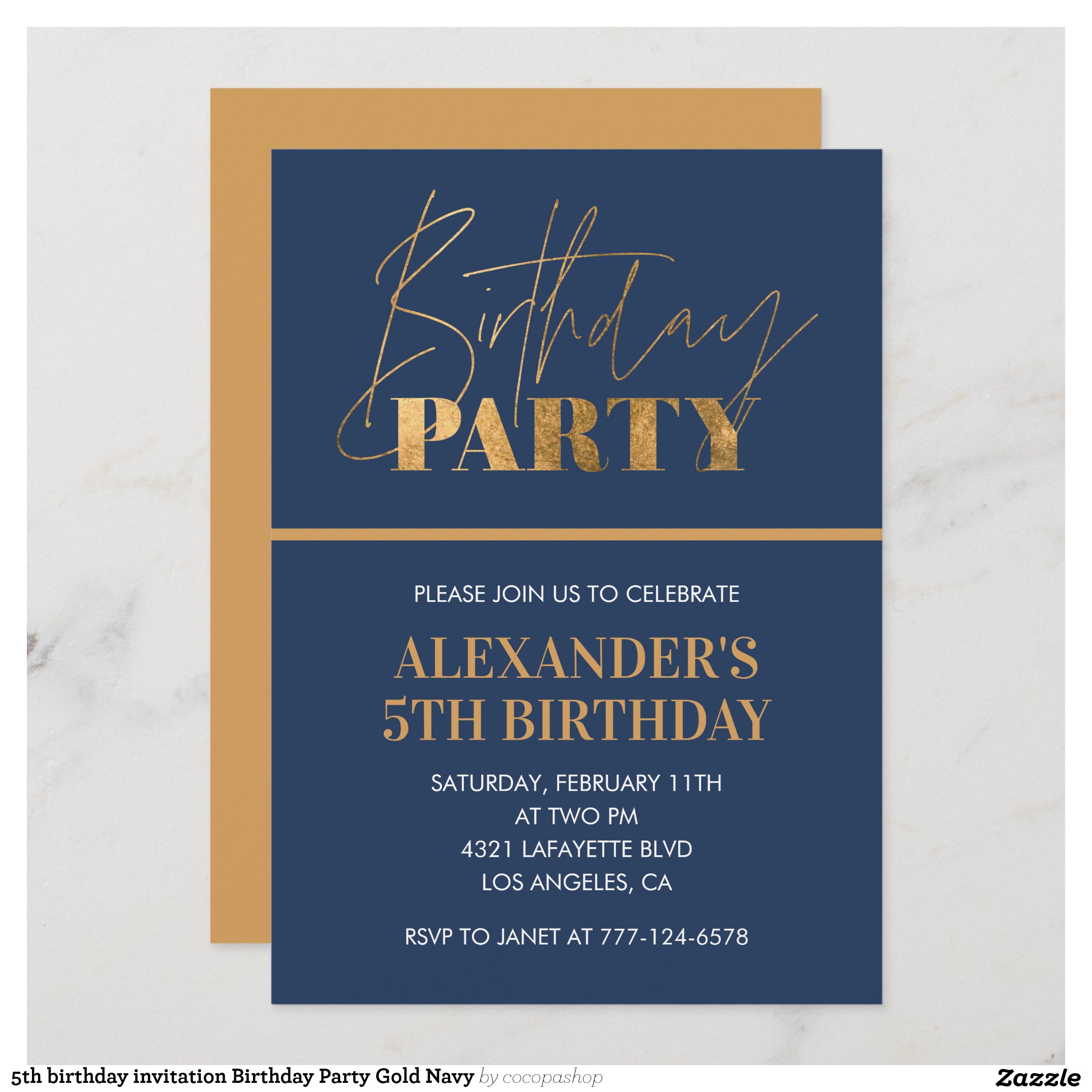 5th birthday invitation Birthday Party Gold Navy