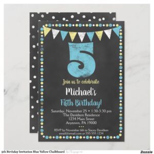 5th Birthday Invitation Blue Yellow Chalkboard
