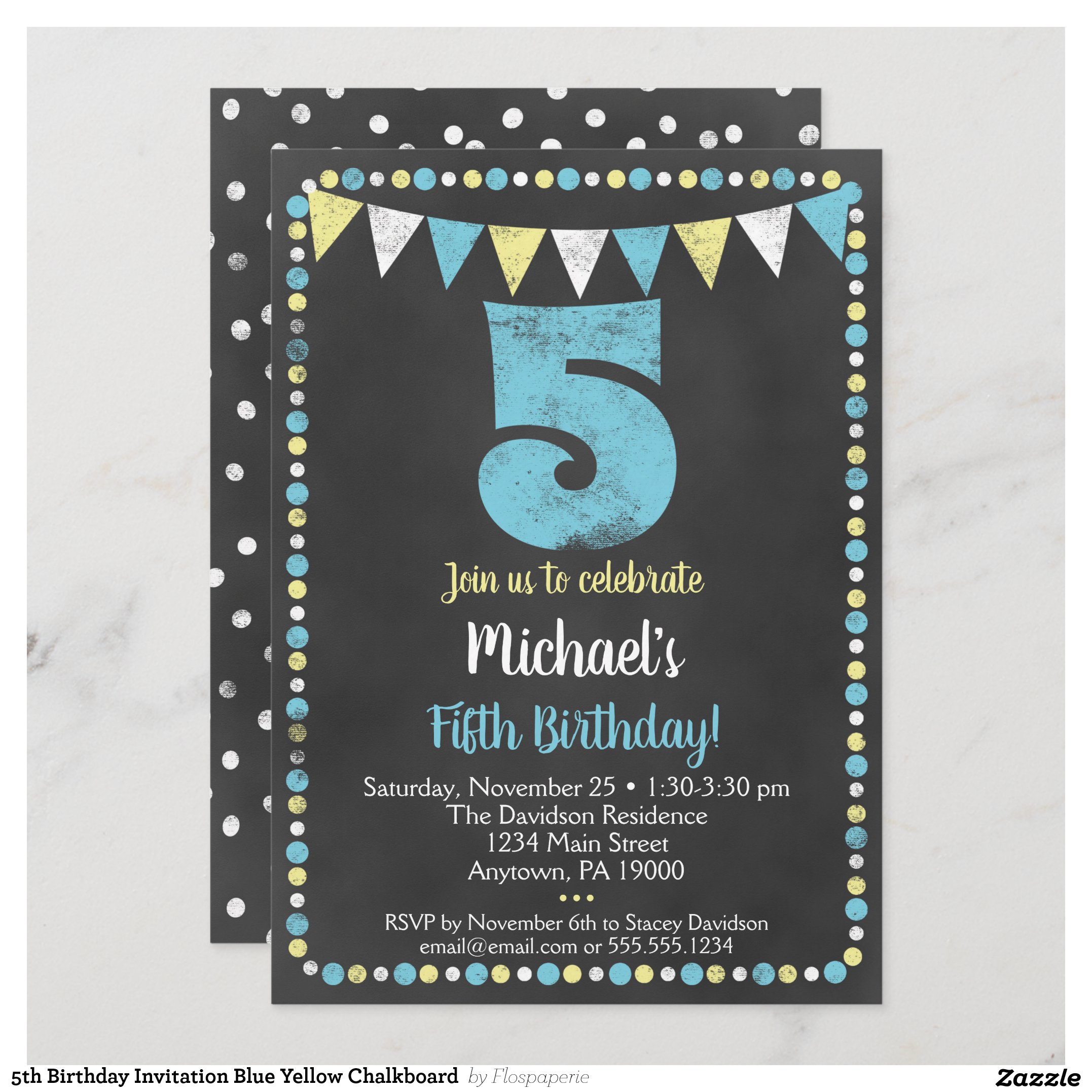 5th Birthday Invitation Blue Yellow Chalkboard