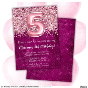 5th Birthday Invitation Girly Magenta Pink Glitter
