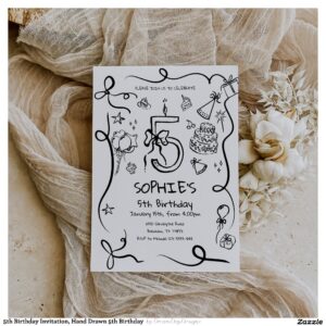 5th Birthday Invitation, Hand Drawn 5th Birthday Invitation