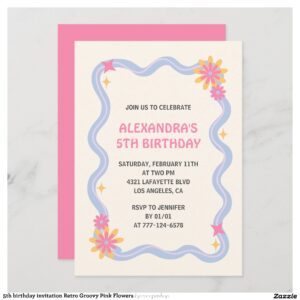 5th birthday invitation Retro Groovy Pink Flowers