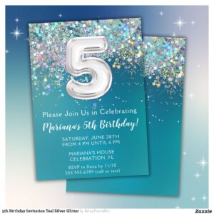 5th Birthday Invitation Teal Silver Glitter