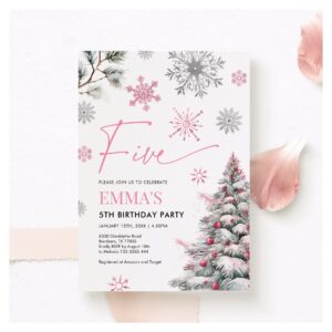 5th Birthday Invitation, Winter Pink 5th Birthday Invitation