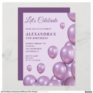 5th birthday invitations Balloons Chic Purple