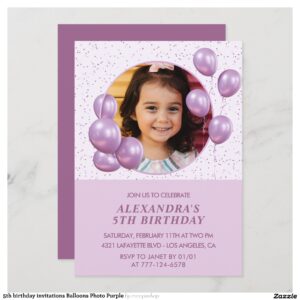 5th birthday invitations Balloons Photo Purple
