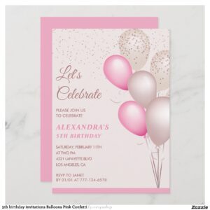 5th birthday invitations Balloons Pink Confetti