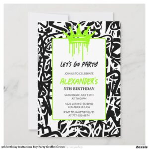 5th birthday invitations Boy Party Graffiti Crown