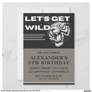 5th birthday invitations Boy Party Let's Get Wild