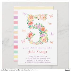 5th Birthday Invitations for Girl with Butterflies