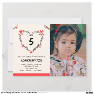 5th birthday invitations for her Floral Heart