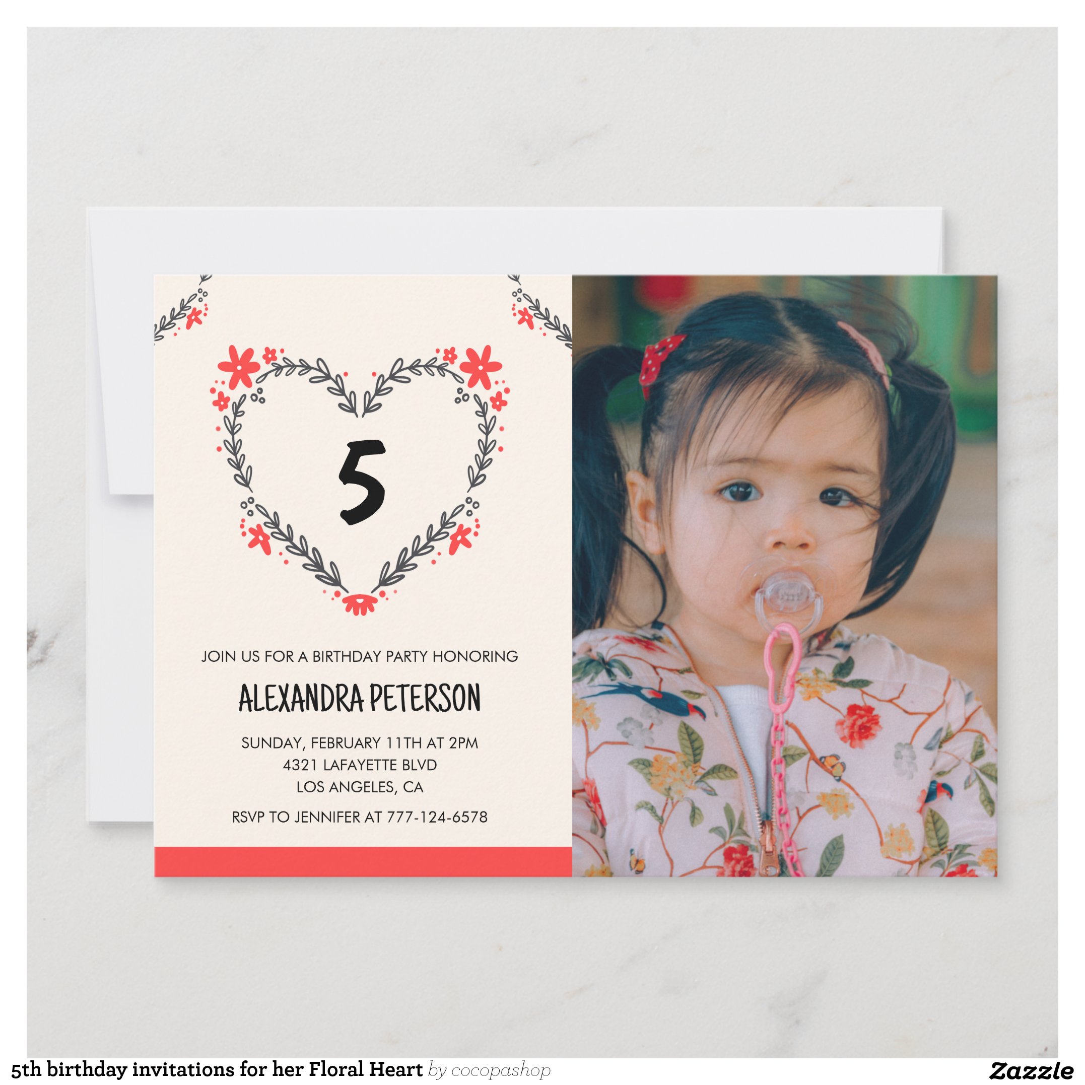 5th birthday invitations for her Floral Heart