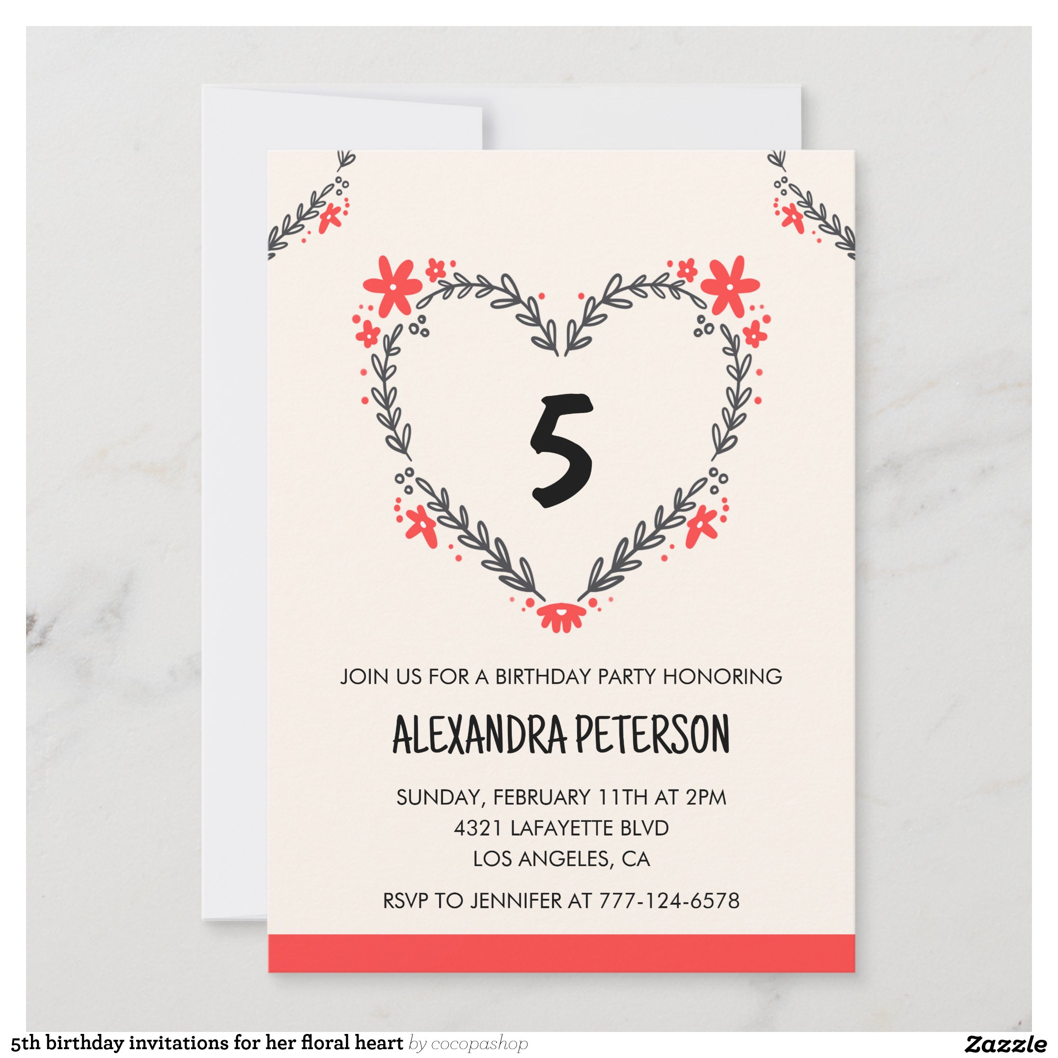 5th birthday invitations for her floral heart