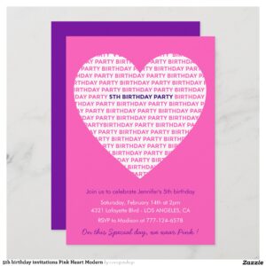 5th birthday invitations Pink Heart Modern