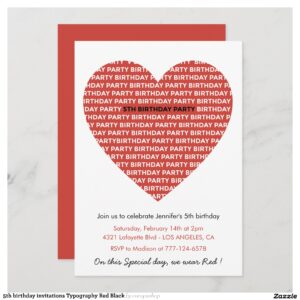 5th birthday invitations Typography Red Black