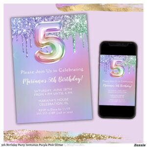5th Birthday Party Invitation Purple Pink Glitter