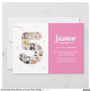 5th Birthday Party Number 5 Custom Photo Collage Invitation