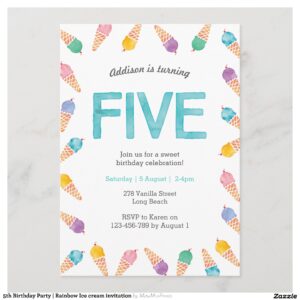 5th Birthday Party Rainbow Ice cream invitation