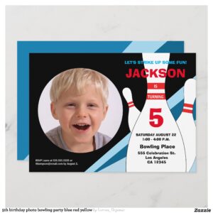 5th birthday photo bowling party blue red yellow invitation
