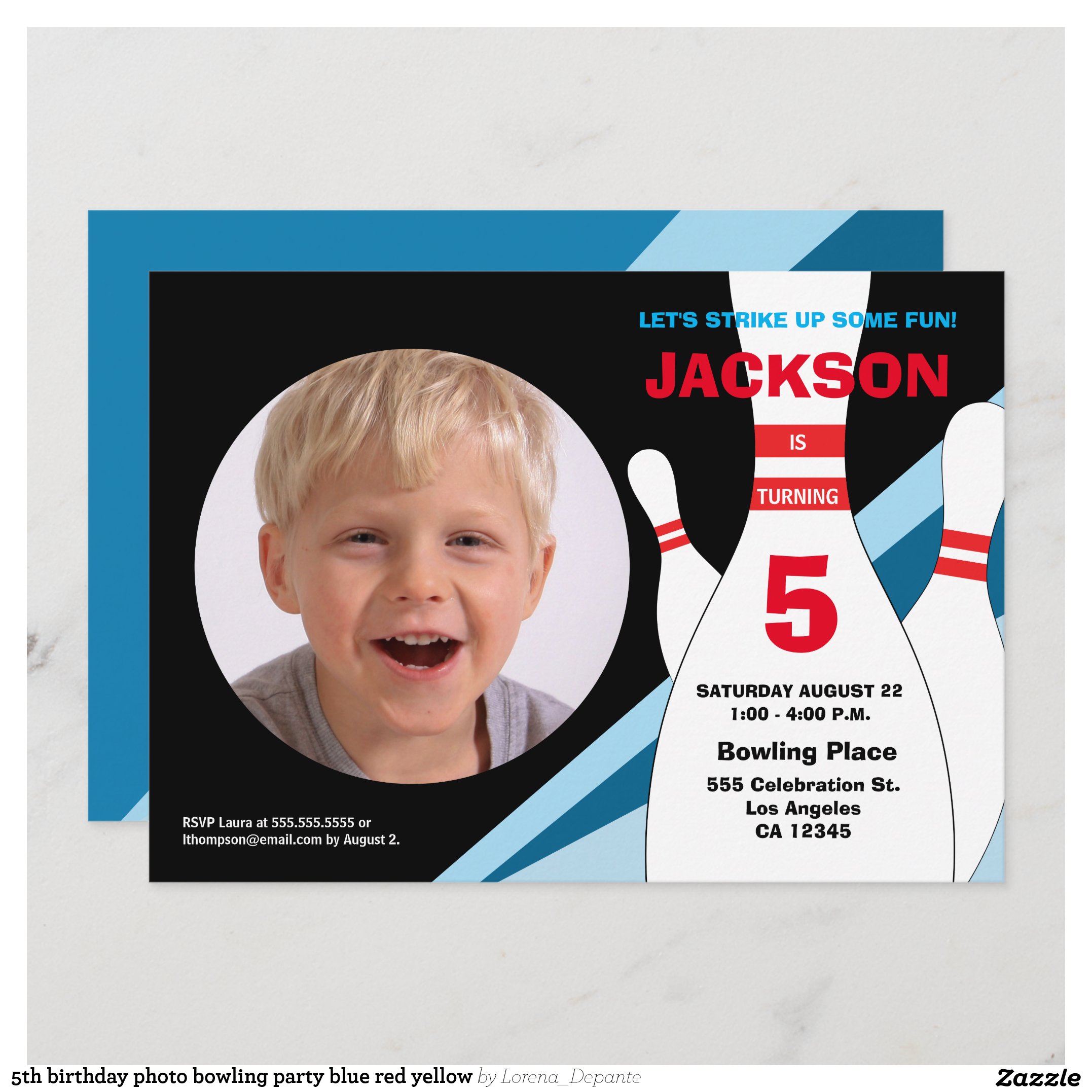 5th birthday photo bowling party blue red yellow invitation