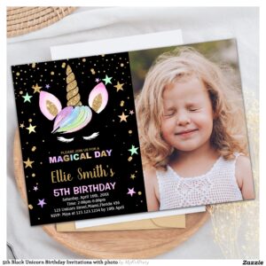 5th Black Unicorn Birthday Invitations with photo
