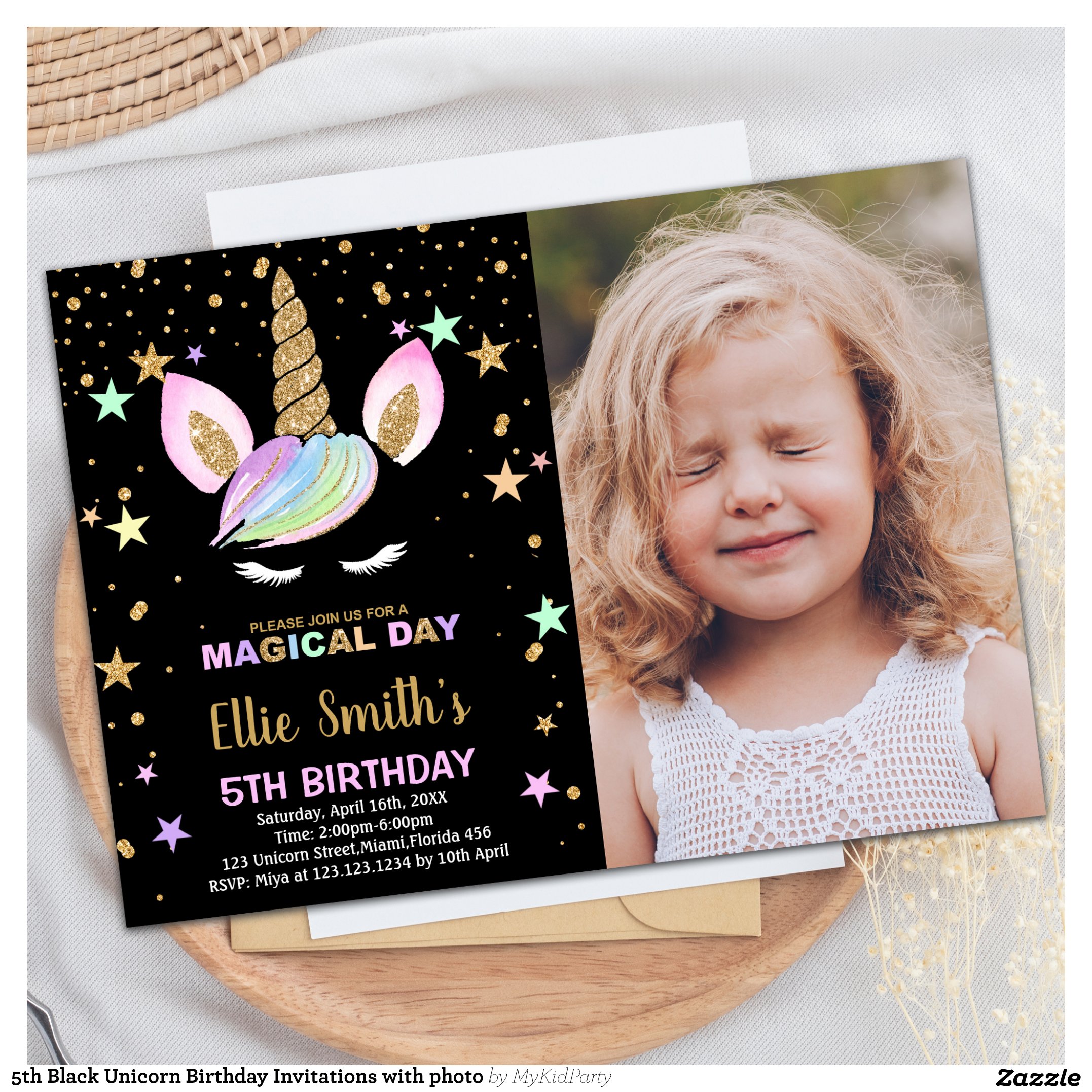 5th Black Unicorn Birthday Invitations with photo