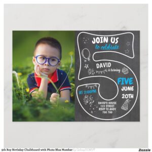 5th Boy Birthday Chalkboard with Photo Blue Number Invitation