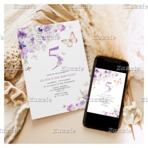 5th Purple Lilac Butterflies birthday Invitation