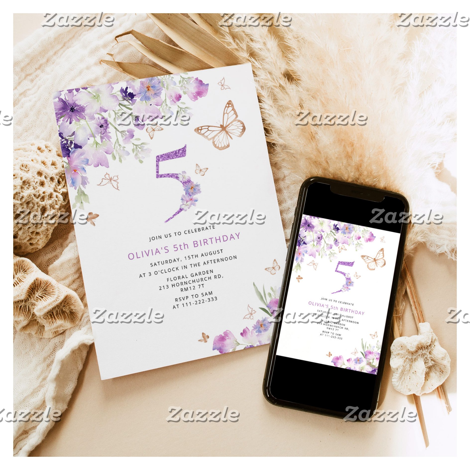 5th Purple Lilac Butterflies birthday Invitation
