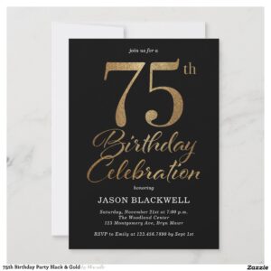 75th Birthday Party Black & Gold Invitation