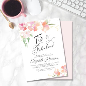 75th Birthday Pink Floral Watercolor Party Invitation