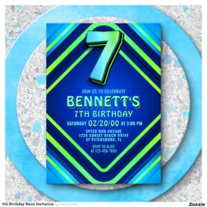 7th Birthday Neon Invitation